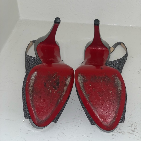 Christian Louboutin Silver Glitter Peep Toe
Platform Sandal Size 39 5” - Picture 2 of 9